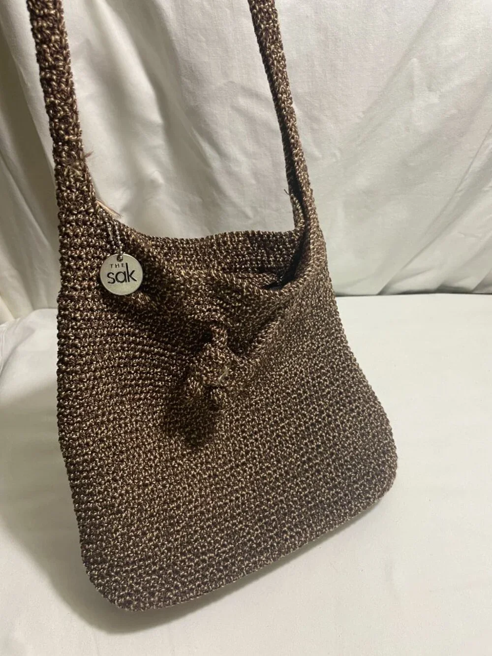 The Sak Brown Crochet Knit Drawstring Shoulder Bag Boho Slouch Hobo Purse